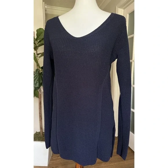 Athleta Womens Highline Sweater Navy Blue Cotton Nylon V Neck Split Hem Sz M - Picture 2 of 9
